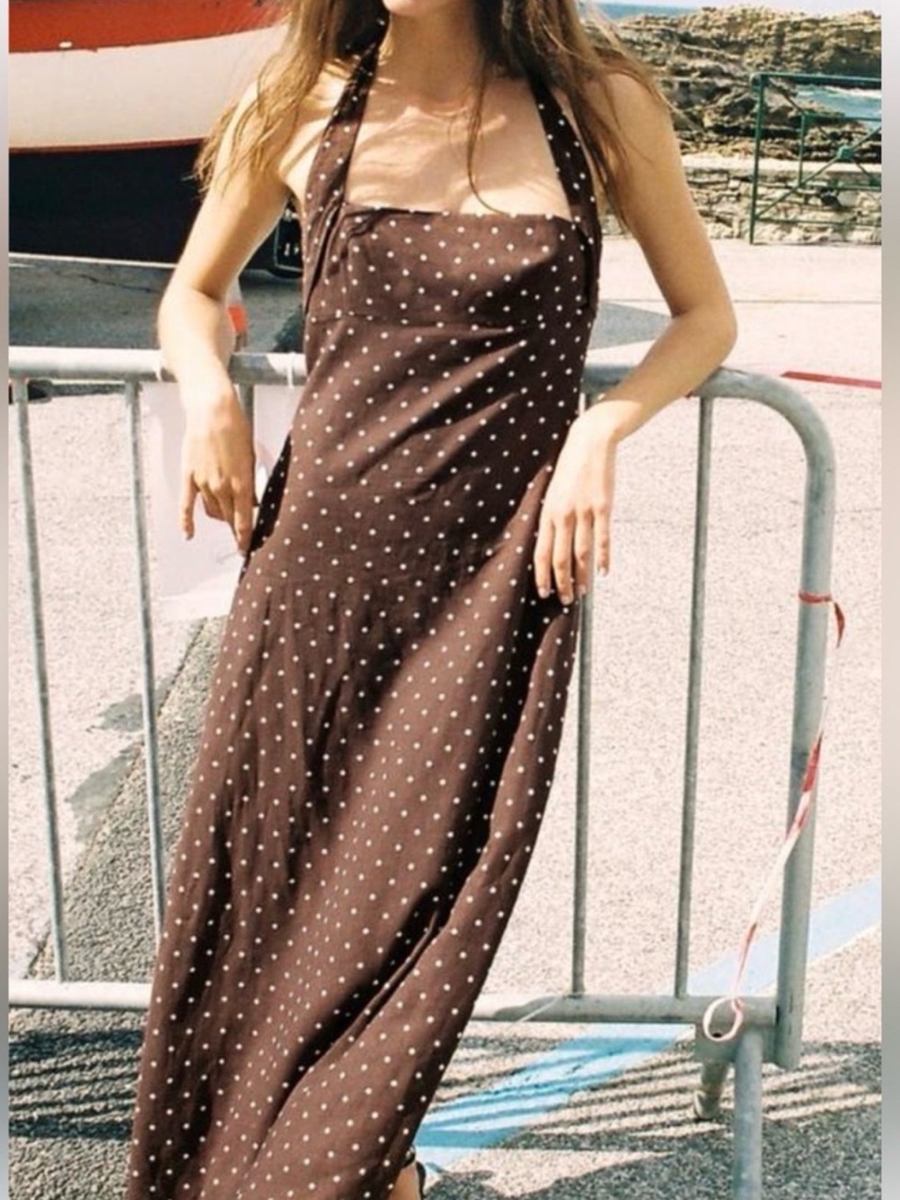 Zara Linen Blend Polkadot Halter Midi Dress